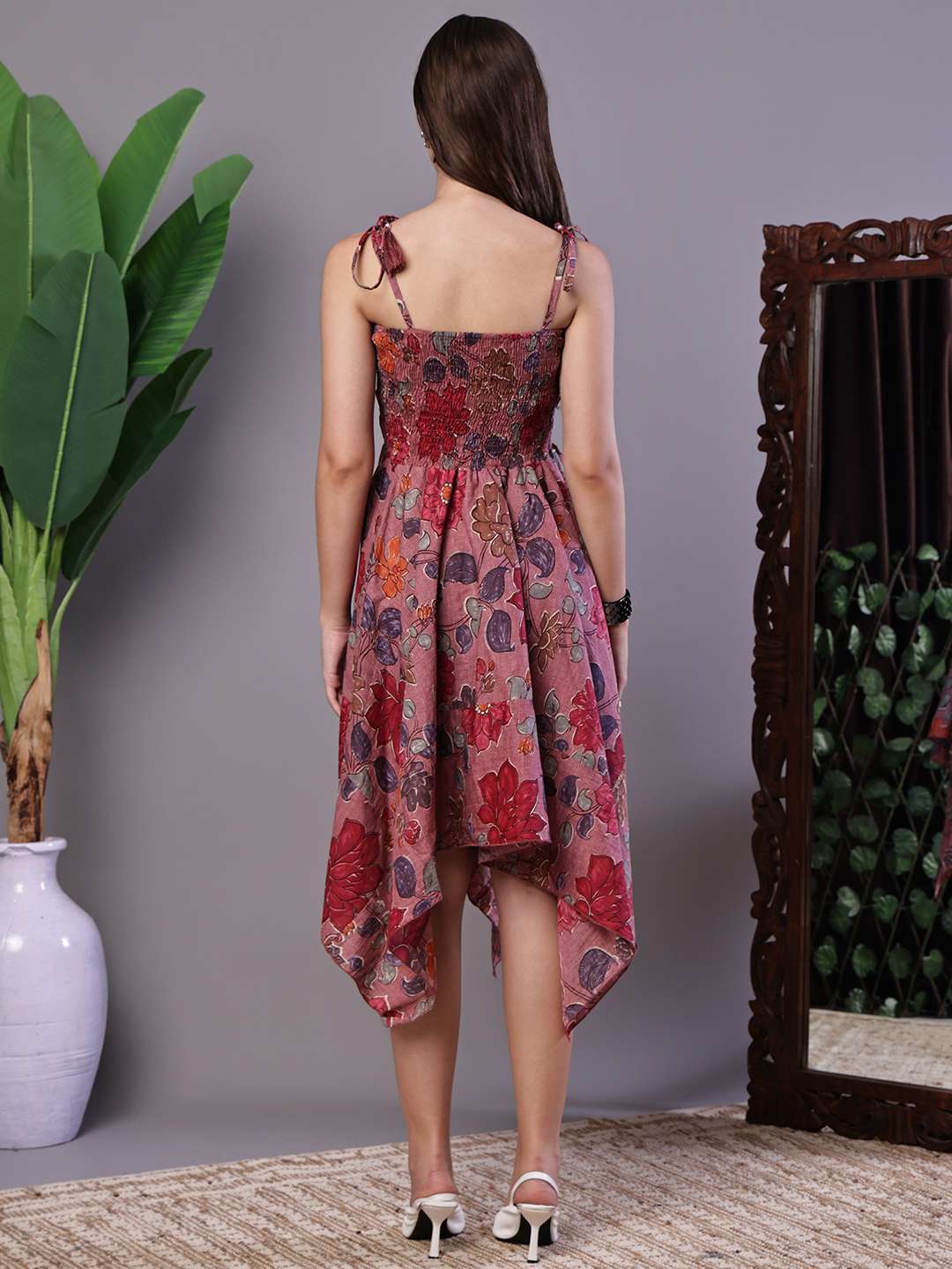 Women's Maroon Floral Printed Cotton Handkerchief Hem Midi Dress - Image 2