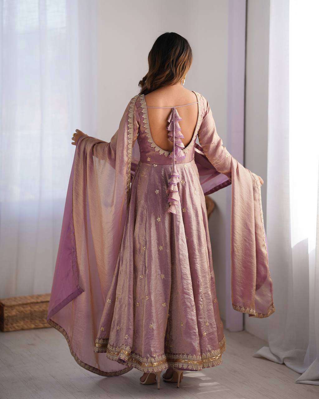 Women's Fandy Silk Coding with Sequnce work Long Anarkali Kurti Gown With Dupatta - Image 10